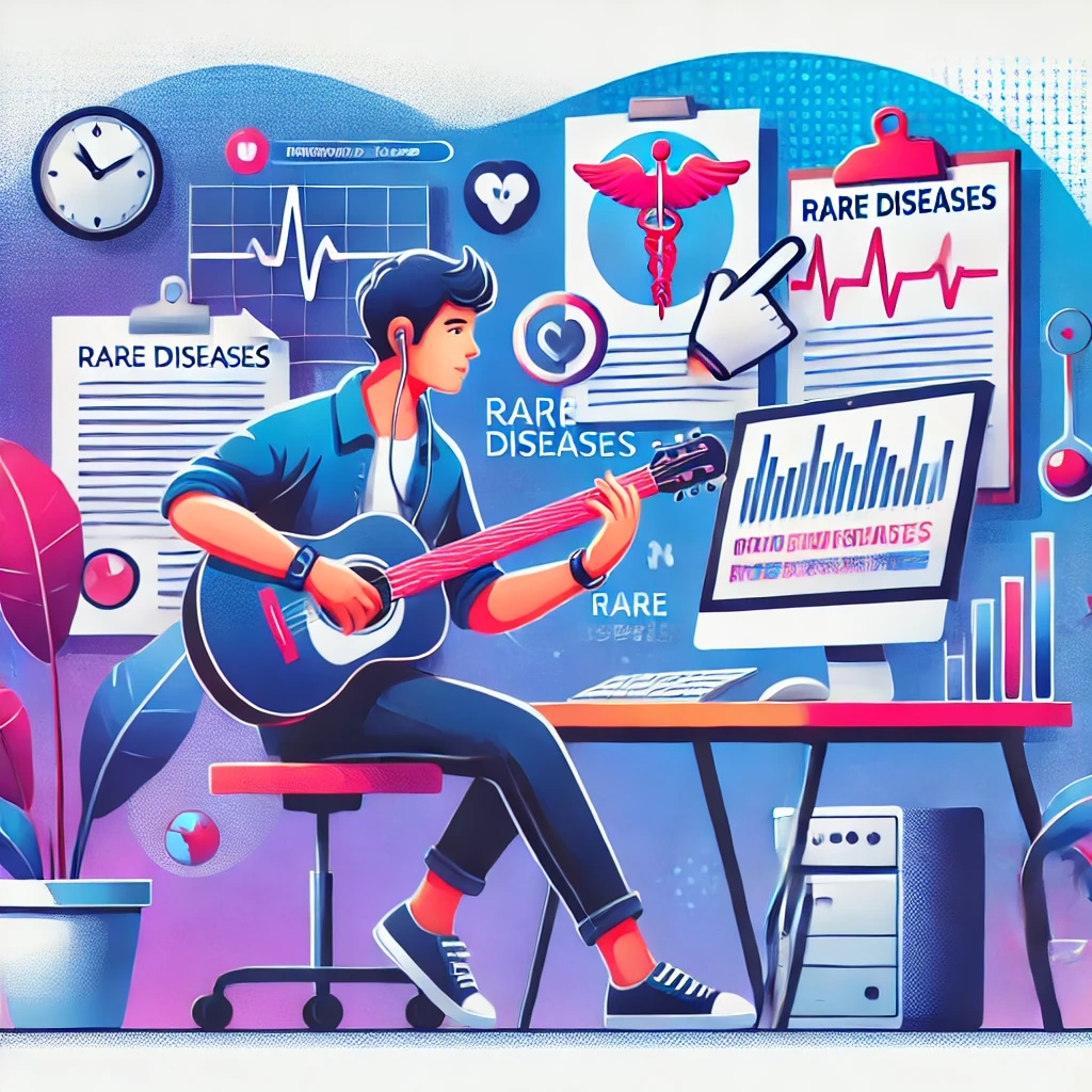 Person multitasking: playing guitar, typing, and discussing rare diseases